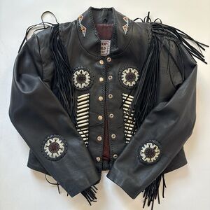 Black Beaded Fringe Leather Jacket - Vintage Western